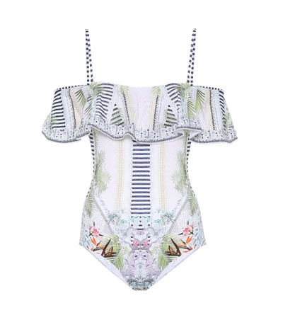 Camilla Beach Shack Cold-shoulder Embellished Printed Swimsuit In White