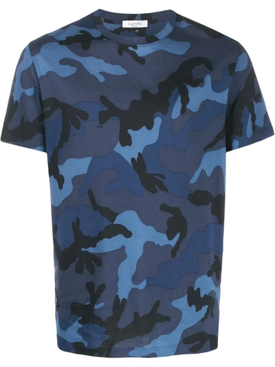 Valentino Camo Print Crewneck T-shirt In Blue/ Navy | ModeSens