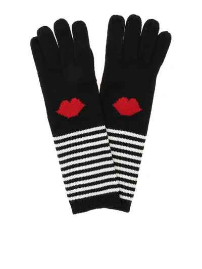 Lulu Guinness Lip Stripe Gloves In Black And White