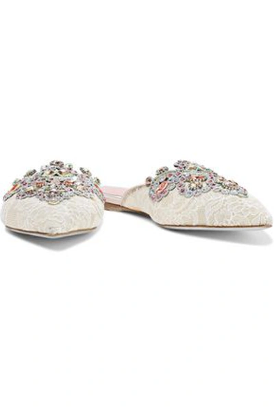 René Caovilla Crystal-embellished Corded Lace Slippers In Blush
