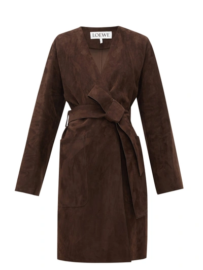 Loewe Single-breasted Wrap Suede Coat In Brown