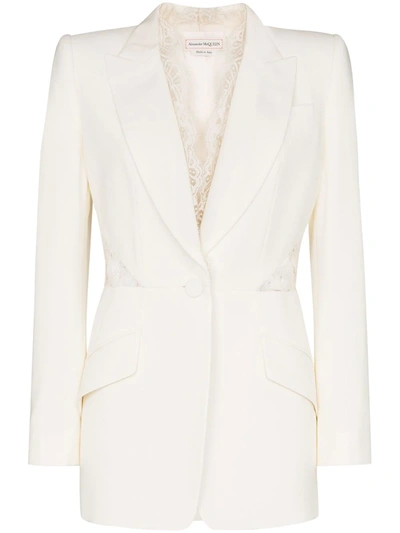 Alexander Mcqueen Lace-inset Single-breasted Wool-blend Crepe Jacket In Light Ivory