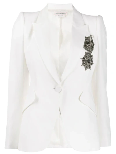 Alexander Mcqueen Single-breasted Embroidered Leaf-crepe Jacket In White