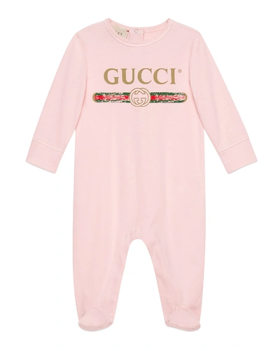 Gucci Long-sleeve Logo Footie Pajamas, Size 0-9 Months In Pink