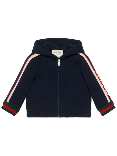 Gucci Babies' Hooded Logo Jacquard-trim Jacket W/ Web Knit Cuffs, Size 6-36 Months In Navy