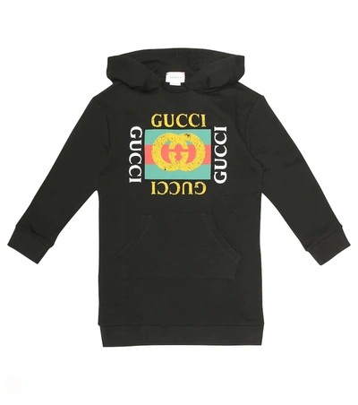 Gucci Kids' Hooded Sweatshirt Dress W/ Vintage Logo, Size 4-10 In Black/ Green/ Red