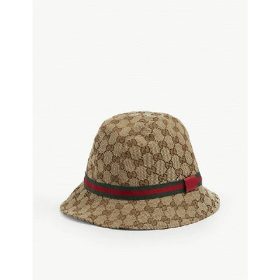 Gucci Kids' Gg Supreme Canvas Bucket Hat W/ Web Hat Band In Brown