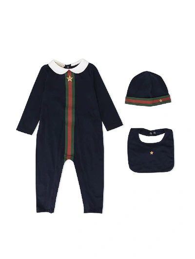 Gucci Babies' Web-trim Jersey Coverall Gift Set In Blue