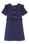 Gucci Kids' Jersey Stretch Ruffle-trim Dress W/ Web Bows, Size 4-12 In Cobalto/ Green/ Red