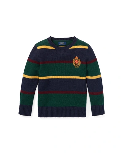 Polo Ralph Lauren Kids' Merino Wool Multi-stripe Crest Sweater In Blue