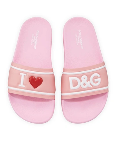 Dolce & Gabbana Leather I Heart D & G Pool Slide Sandals, Kids In Multi