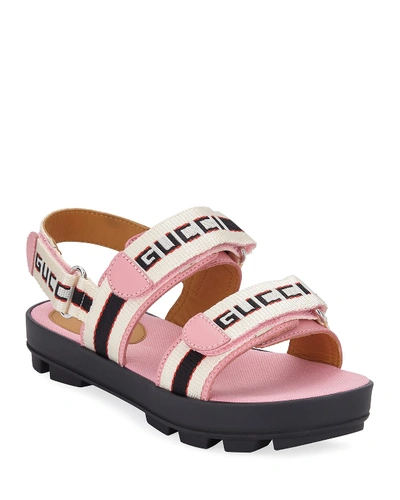 Gucci Sam Web Logo Grip-strap Sandals, Baby/toddler/kids In Pink