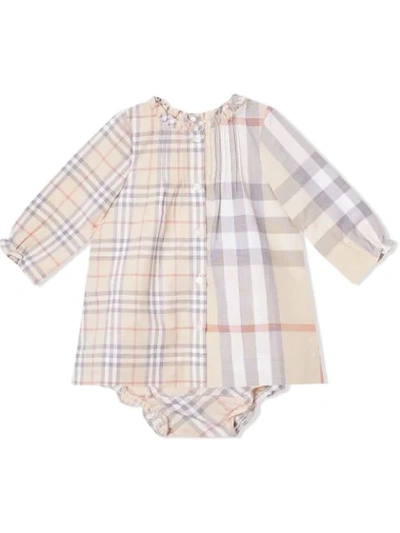 Burberry Babies' Marissa Mixed Check Long-sleeve Dress W/ Bloomers In Beige