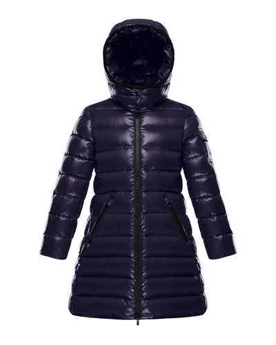 Moncler Kids' Moka Laque Mini Me Quilted Hooded Long Coat In Blue