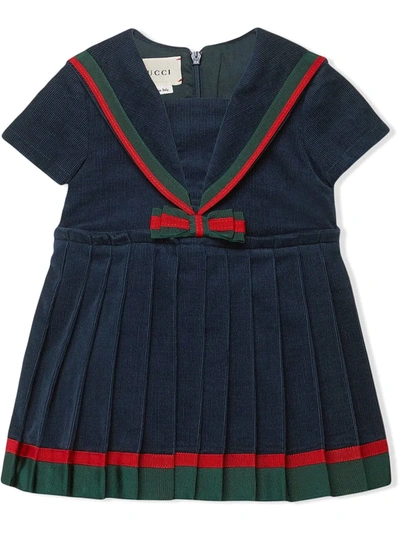 Gucci Babies' Web Trim Corduroy Dress W/ Sailor Collar, Size 6-36 Months In Blue