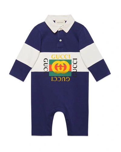 Gucci Kids' Rugby Polo Coverall W/ Vintage Logo In Blue