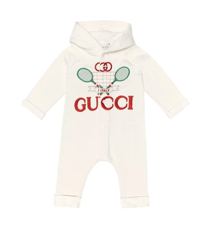 Gucci Babies' Racket Logo Embroidered Hooded Coverall, Size 3-24 Months In White