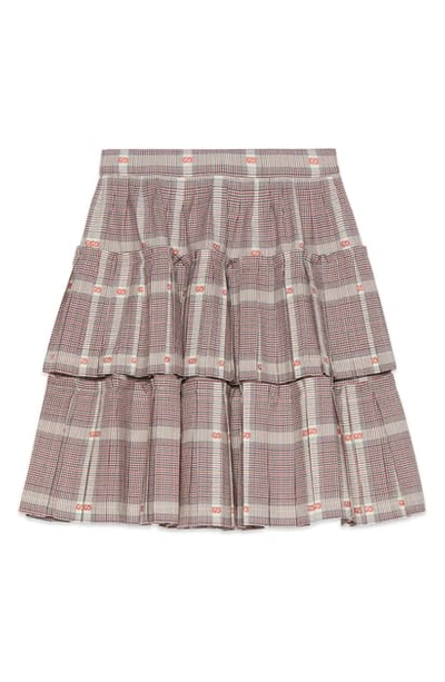 Gucci Kids' Logo Glen Plaid Tiered Ruffle Skirt In Off White/ Blue/ Brown