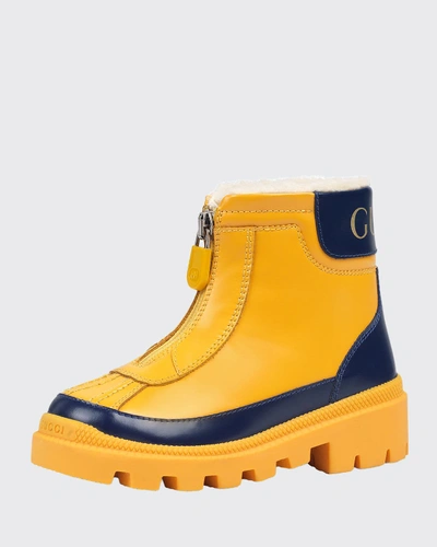 Gucci Leather Zip Front Boots, Toddler/kids In Yellow