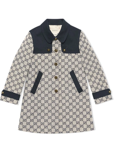 Gucci Kids' Gg Jacquard Gabardine Long Coat In Blue