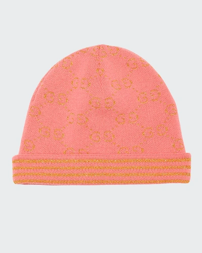 Gucci Metallic Gg Jacquard Baby Beanie Hat In Coral