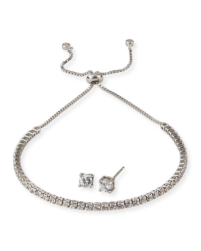 Helena Kids' Girl's Sterling Silver Cubic Zirconia Adjustable Bracelet W/ Matching Stud Earrings Set