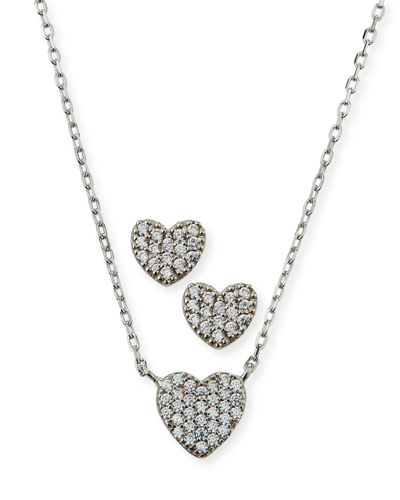 Helena Kids' Girl's Pave Heart Necklace W/ Matching Stud Earrings Set In Silver