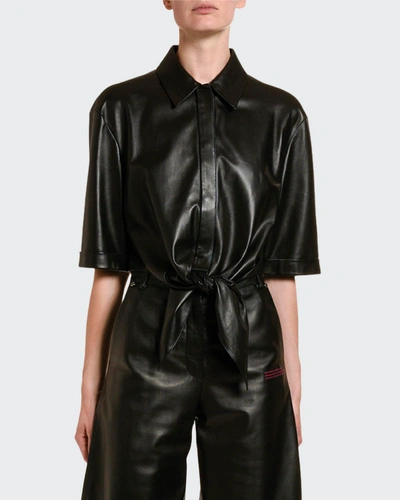 Off-white Leather Bowed Baseball Shirt In Black
