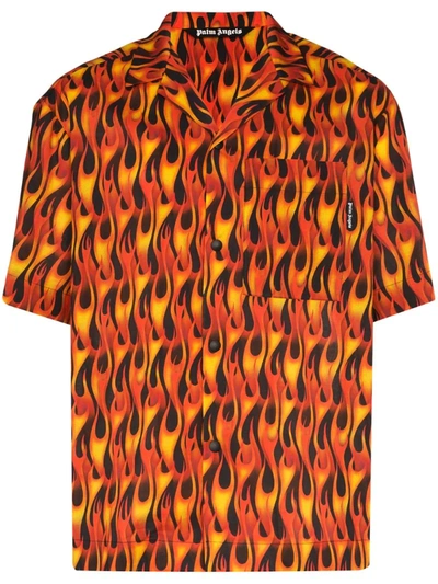 Palm Angels Burning Flames Print Bowling Shirt In Orange