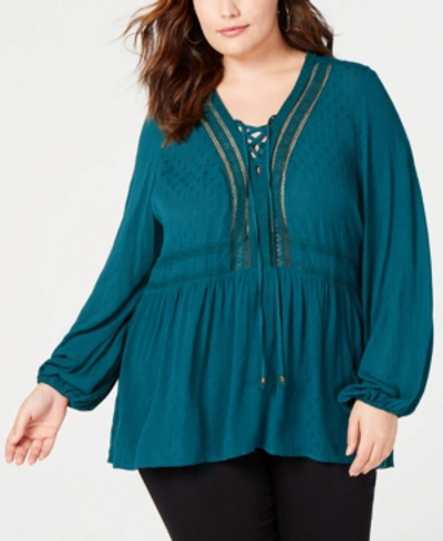 Seven7 Jeans Trendy Plus Size Crochet Lace-up Top In Deep Teal