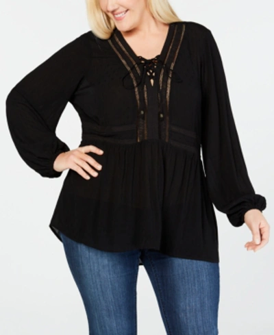 Seven7 Jeans Trendy Plus Size Crochet Lace-up Top In Caviar