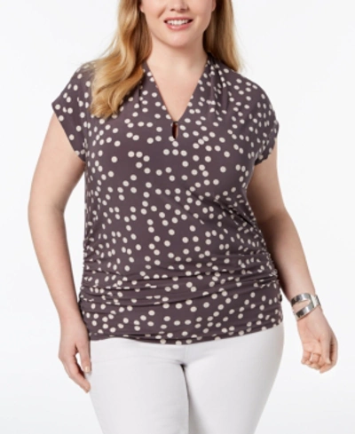 Anne Klein Plus Size Keyhole Ruched Top In Nantucket Grey/ Oyster