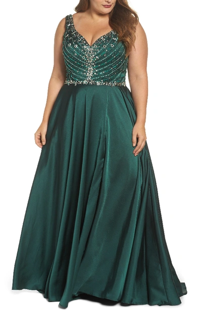 Mac Duggal Beaded Bodice Gown In Emerald