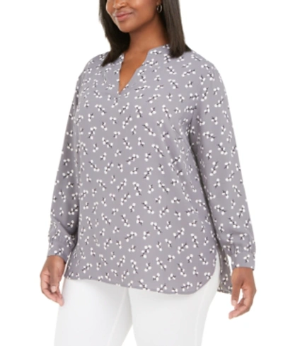 Anne Klein Plus Size Floral-print Split-neck Blouse In Zinc/anne White Combo