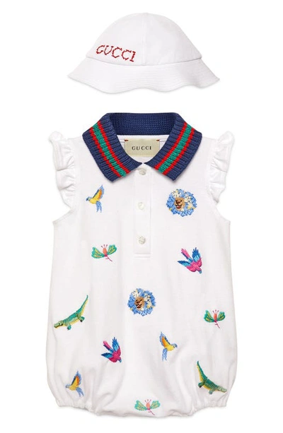 Gucci Babies' Embroidered Bubble Bodysuit & Hat Gift Set In White/ Multicolor