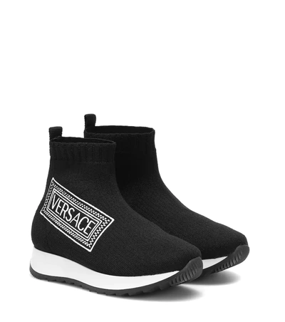 Versace Kids' '90s Vintage Logo Sock Sneaker In Black/ White