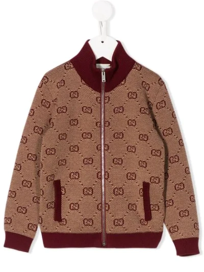 Gucci Babies' Gg Logo Jacquard Zip Cardigan In Neutrals