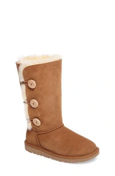 Ugg Kids' Bailey Button Triplet Ii Genuine Shearling Boot In Chestnut Brown Suede