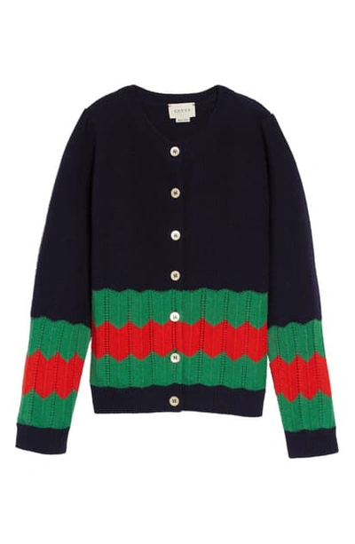 Gucci Kids' Wool Knit Cardigan In Navy/ Grass/ Live Red