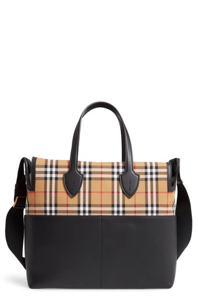 Burberry Kingswood Vintage Check & Leather Diaper Tote In Black