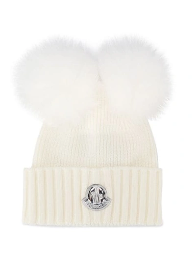 Moncler Kids' Berretto Wool Beanie With Genuine Fox Fur Poms In White