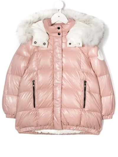 Moncler Kids' Parana Quilted Hooded Down Jacket With Genuine Fox Fur Trim In Light Pink