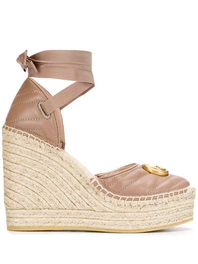 Gucci Palmyra Leather Platform Espadrille Wedges In Pink