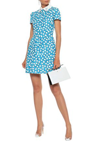 Valentino Studded Leather-trimmed Printed Wool And Silk-blend Mini Dress In Azure