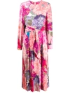 Valentino Floral Print Pleated Long Sleeve Silk Midi Dress In Pink