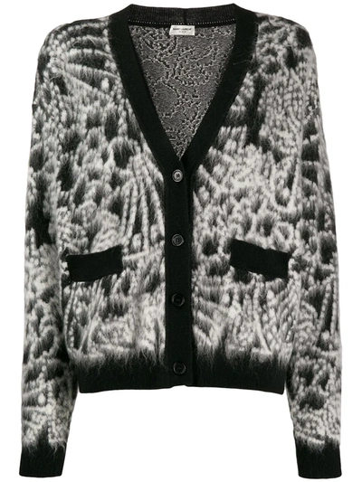 Saint Laurent Floral Jacquard Wool & Mohair Blend Cardigan In Black