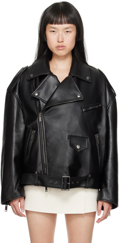 Valentino Woman Embellished Leather Biker Jacket Black
