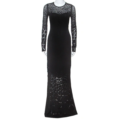 Pre-owned Roberto Cavalli Black Stretch Knit Sheer Detail Long Sleeve Maxi Dress S