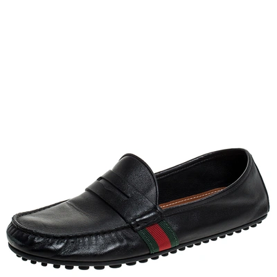 Pre-owned Gucci Black Leather Web Penny Loafers Size 40.5