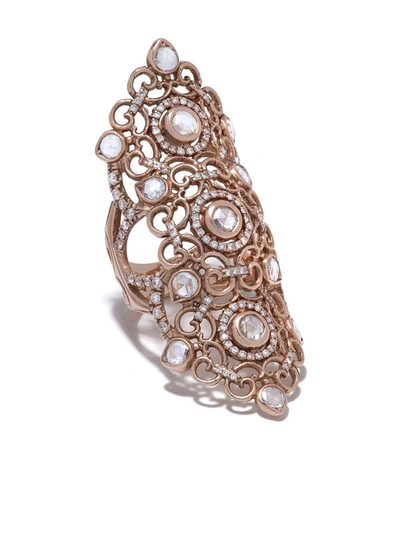 Loree Rodkin 14kt Rose Gold Long Finger Flower Lace Diamond Pave Ring